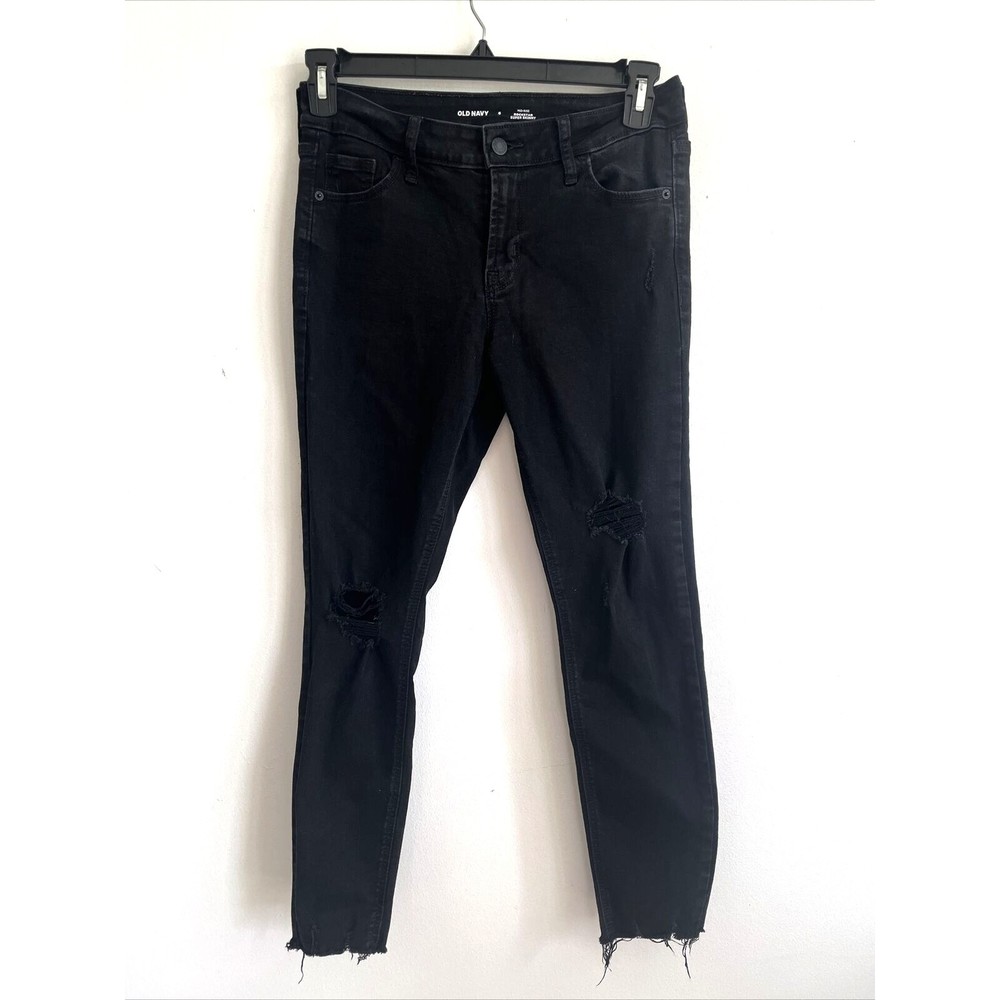 OLD NAVY ROCKSTAR SUPER SKINNY MID RISE DISTRESSED BLACK JEANS HOLEY 6